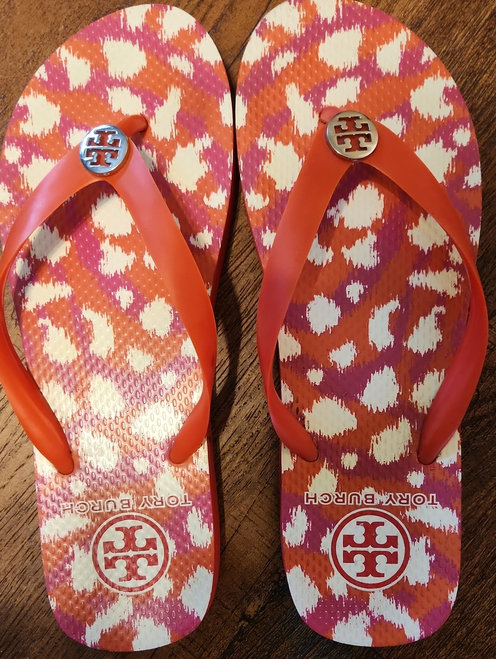 Tory Burch Orange Pink Cream Logo Medallion Flip Flops